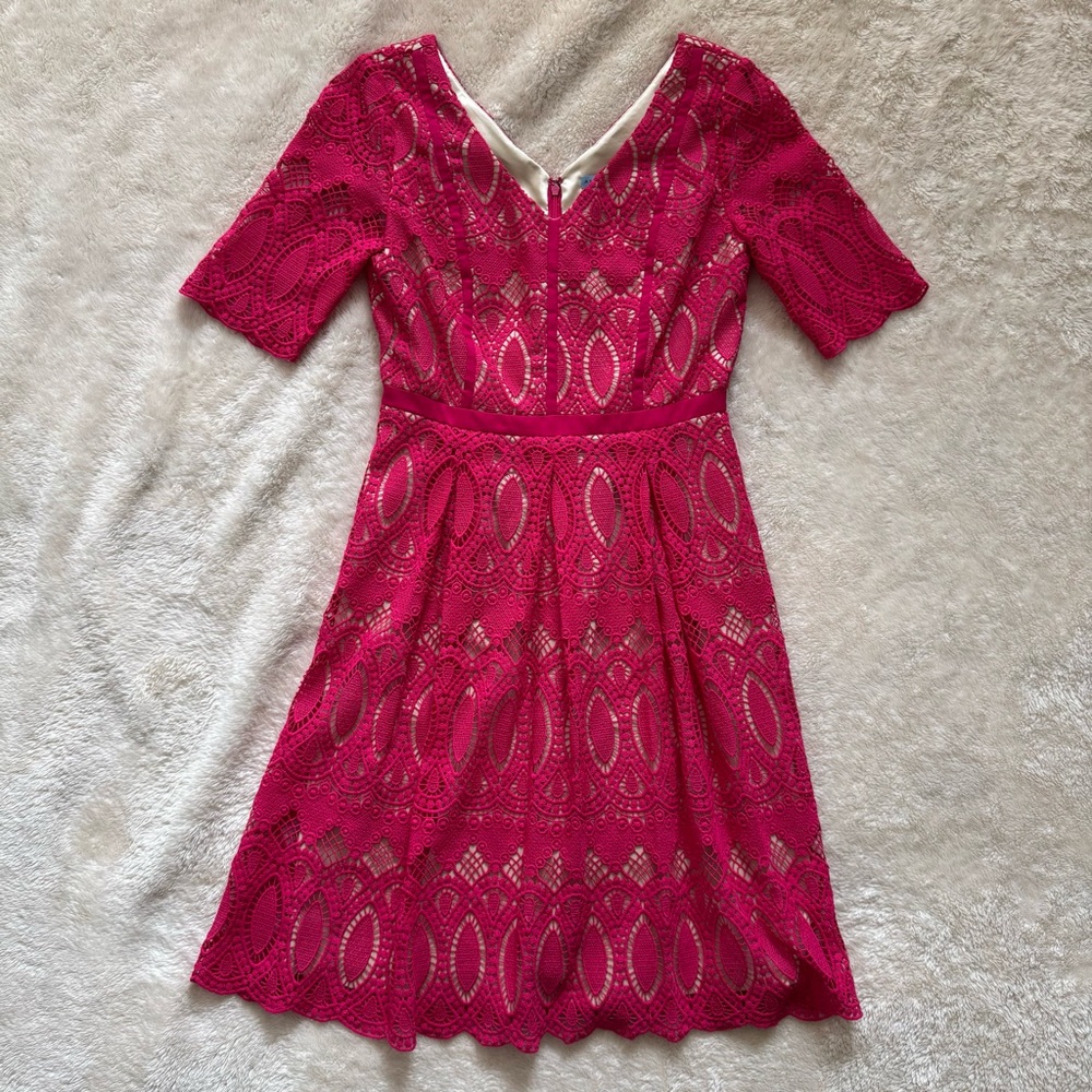 Antonio Melani Womens Dress Pink Lace Overlay Fit And Flare Short Sleeve Sz 2